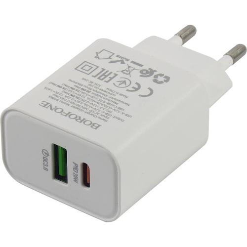 Зарядка USB-устройств от 220В BOROFONE BA88A Navy White USB Type A "мама", USB Type C "мама" (20 Вт)