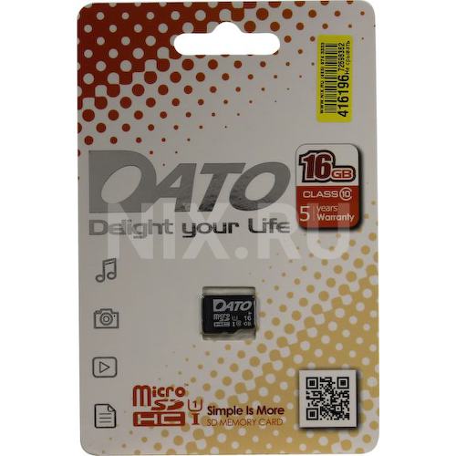 Карта памяти DATO DTTF016GUIC10 microSDHC UHS-I Class 1 (U1), Class 10 16 ГБ