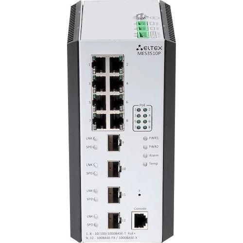 Ethernet-коммутатор MES3510P, 8 портов 10/100/1000BASE-T (PoE/PoE+), 4 порта 100BASE-FX/1000BASE-X (SFP), L3, 48