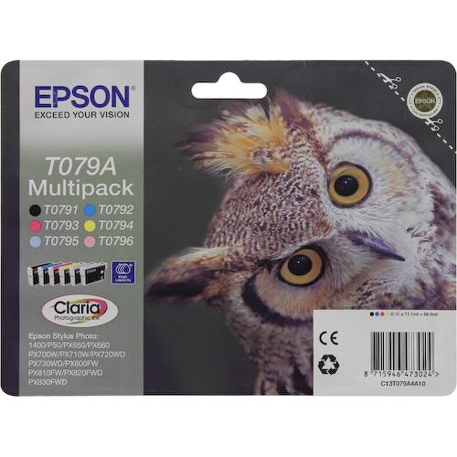 Картридж цветной (или контейнер с цветными чернилами) Epson T0791 (экономичный), T0792 (голубой экономичный), T0793 (пурпурный экономичный), T0794 (желтый экономичный), T0795 (светло-голубой экономичный), T0796 (светло-пурпурный экономичный), 6 шт.