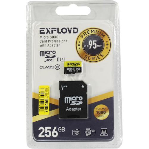 Карта памяти EXPLOYD EX256GCSDXC10UHS-1-ElU3-AD microSDXC UHS-I Class 3 (U3), Class 10 256 ГБ +microSD->SD адаптер