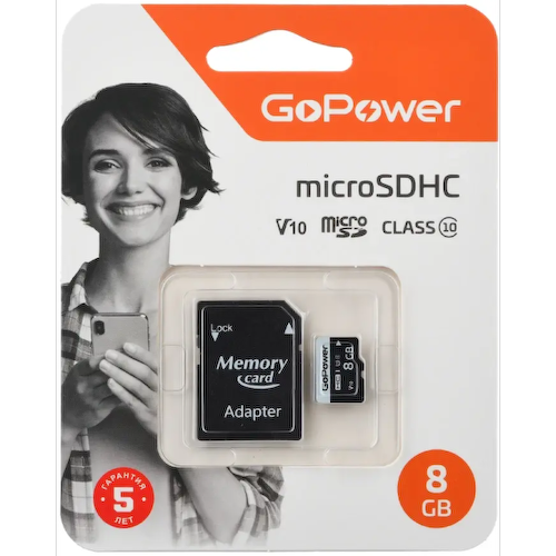 GoPower 00-00025673 Карта памяти microSD GoPower 8GB Class10 15 МБ/сек V10 с адаптером