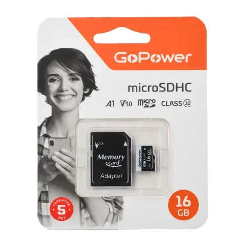 GoPower 00-00025674 Карта памяти microSD GoPower 16GB Class10 60 МБ/сек V10 с адаптером