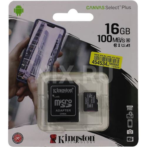 Карта памяти Kingston Canvas Select Plus SDCS2/16GB microSD A1, V10, UHS-I Class 1 (U1), Class 10 16 ГБ +microSD->SD адаптер