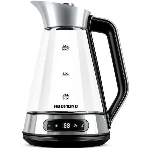 Чайник электрический Redmond KG222 1.5л. 2200Вт серебристый/черный корпус: стекло/сталь