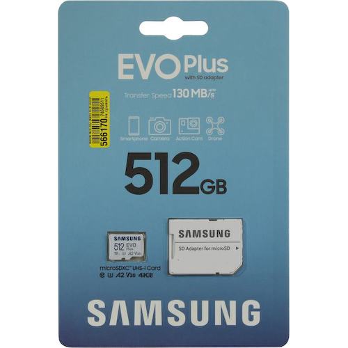 Карта памяти Samsung EVO Plus MB-MC512KA microSDXC A2, V30, UHS-I Class 3 (U3) 512 ГБ +microSD->SD адаптер