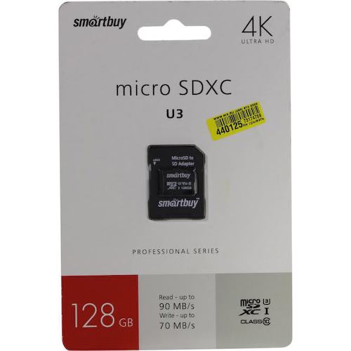 Карта памяти SmartBuy Professional SB128GBSDCL10U3-01 microSDXC V30, UHS-I Class 3 (U3), Class 10 128 ГБ +microSD->SD адаптер