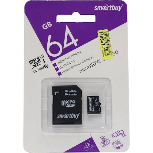 Карта памяти SmartBuy Professional SB64GBSDCCTV microSDXC V30, UHS-I Class 3 (U3), Class 10 64 ГБ +microSD->SD адаптер